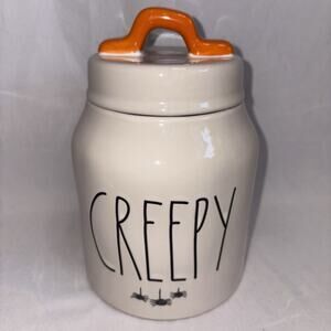 RAE DUNN “CREEPY” Halloween Ceramic 7”Canister Jar w/ Lid Spiders EUC